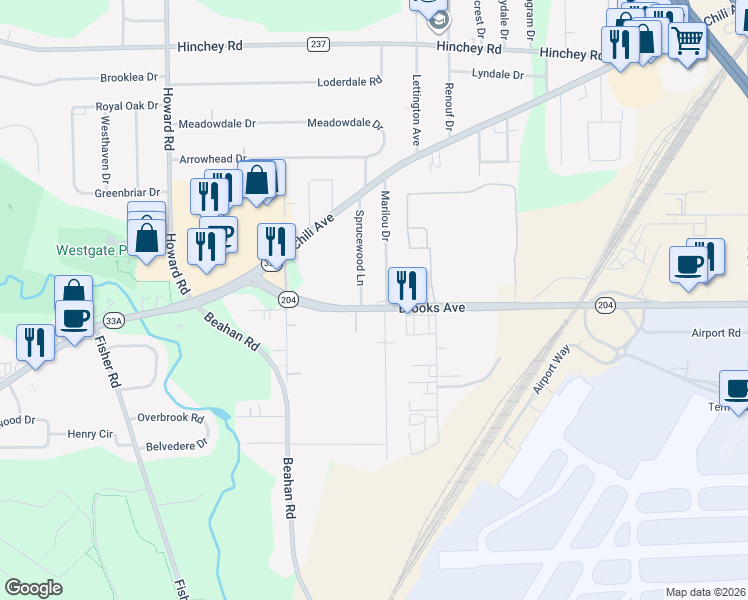 map of restaurants, bars, coffee shops, grocery stores, and more near 1680 Brooks Avenue in Rochester