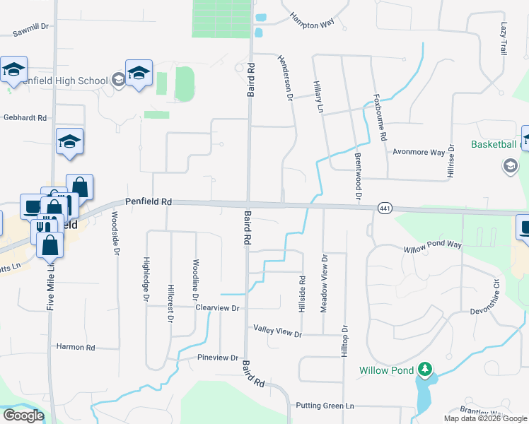 map of restaurants, bars, coffee shops, grocery stores, and more near 1963 Penfield Road in Penfield