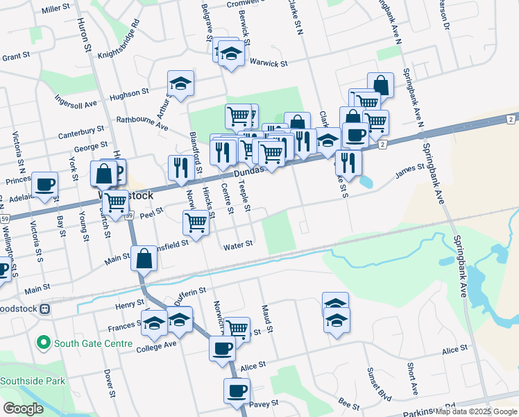 map of restaurants, bars, coffee shops, grocery stores, and more near 39 Teeple Street in Woodstock