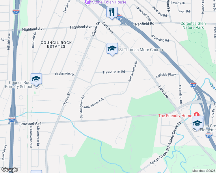 map of restaurants, bars, coffee shops, grocery stores, and more near 121 Sandringham Road in Rochester