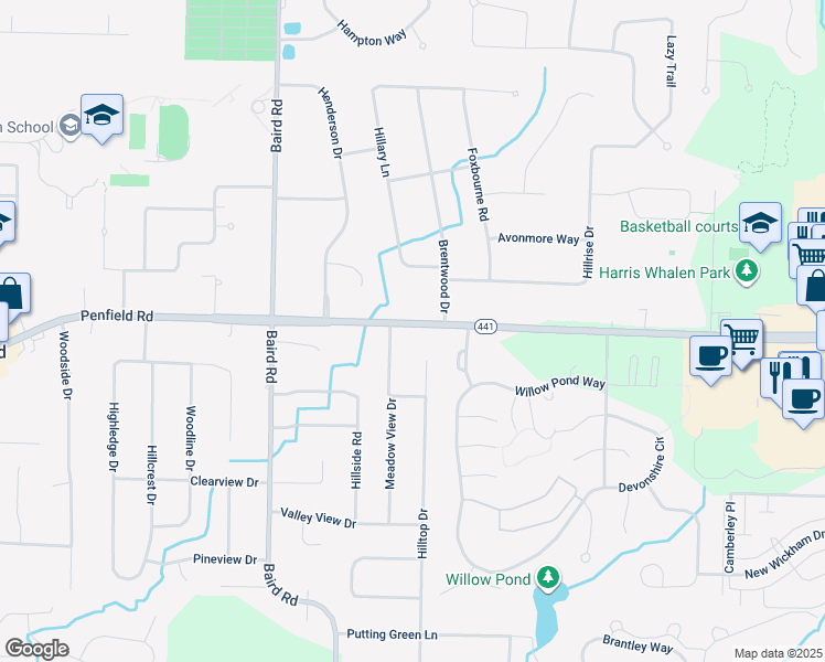 map of restaurants, bars, coffee shops, grocery stores, and more near 2001 Penfield Road in Penfield