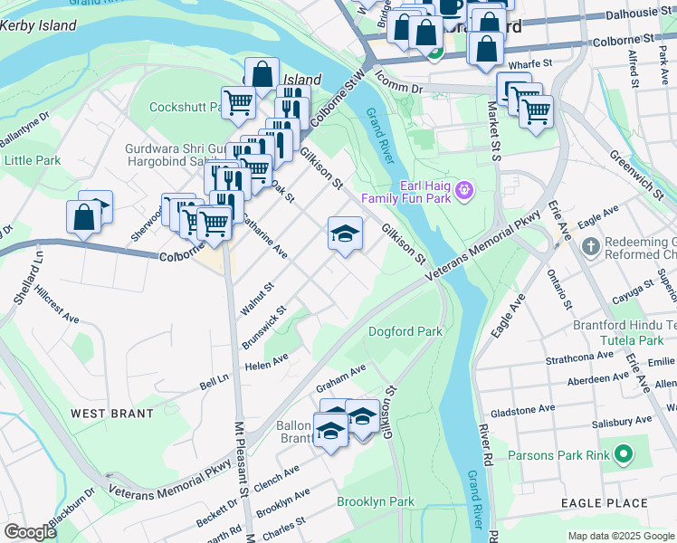 map of restaurants, bars, coffee shops, grocery stores, and more near 5 Wade Avenue in Brantford