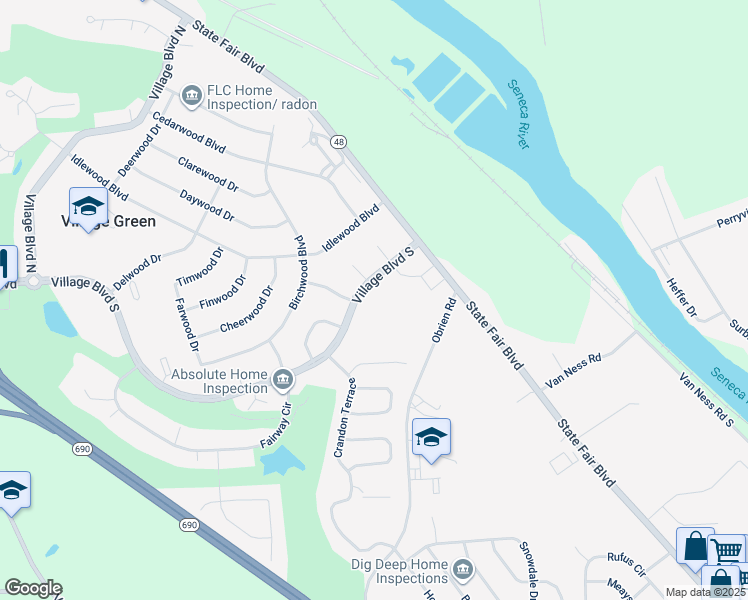 map of restaurants, bars, coffee shops, grocery stores, and more near 3016 Village Boulevard South in Baldwinsville