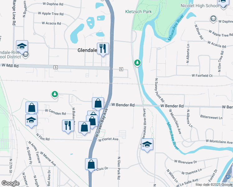 map of restaurants, bars, coffee shops, grocery stores, and more near 1700 West Bender Road in Glendale