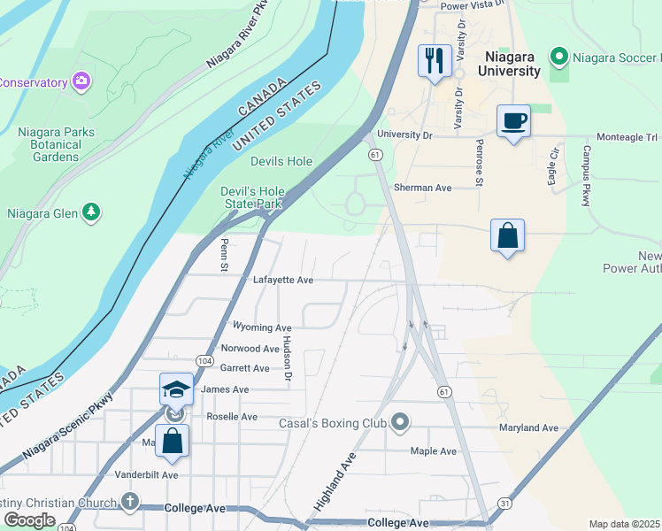map of restaurants, bars, coffee shops, grocery stores, and more near 4860 University Court in Niagara Falls