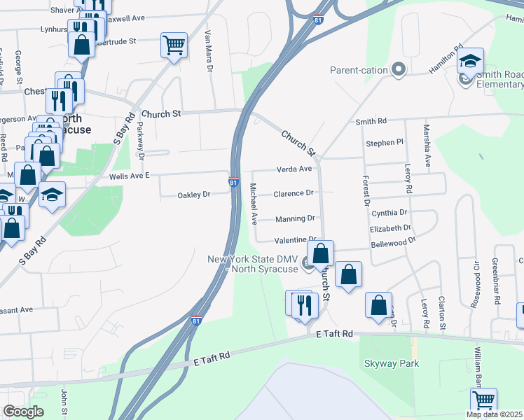 map of restaurants, bars, coffee shops, grocery stores, and more near 121 Clarence Drive in Syracuse