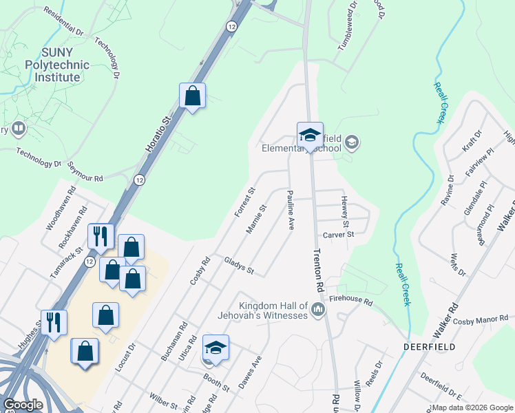 map of restaurants, bars, coffee shops, grocery stores, and more near 125 Marnie Street in Utica
