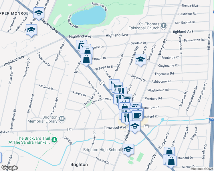 map of restaurants, bars, coffee shops, grocery stores, and more near 1660 Monroe Avenue in Rochester