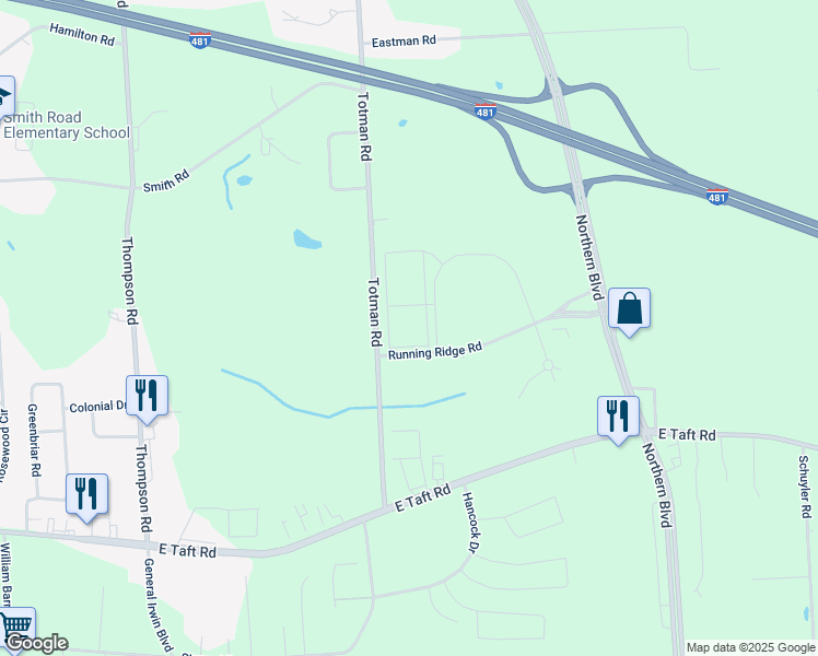 map of restaurants, bars, coffee shops, grocery stores, and more near 7502 Round Pond Road in Syracuse