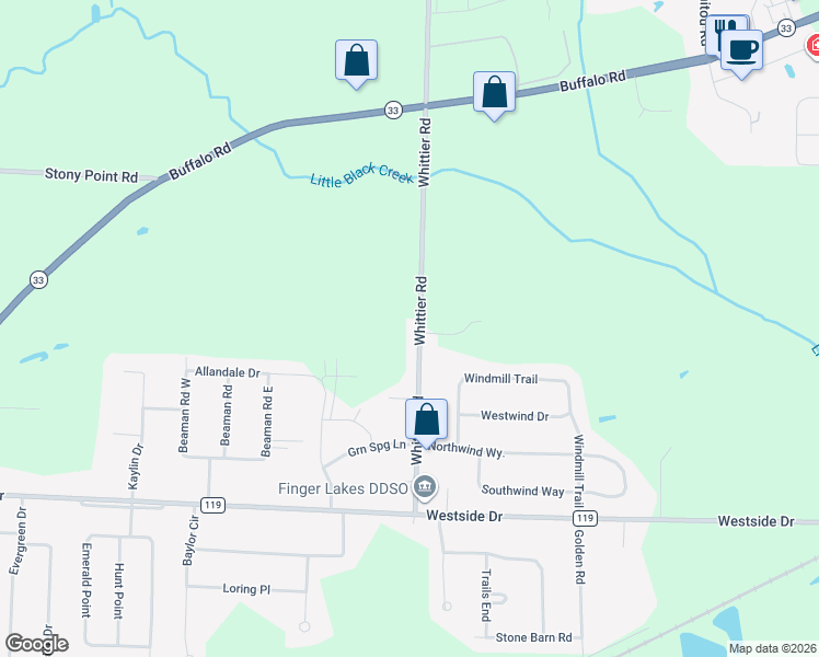map of restaurants, bars, coffee shops, grocery stores, and more near 40 Whittier Road in Rochester