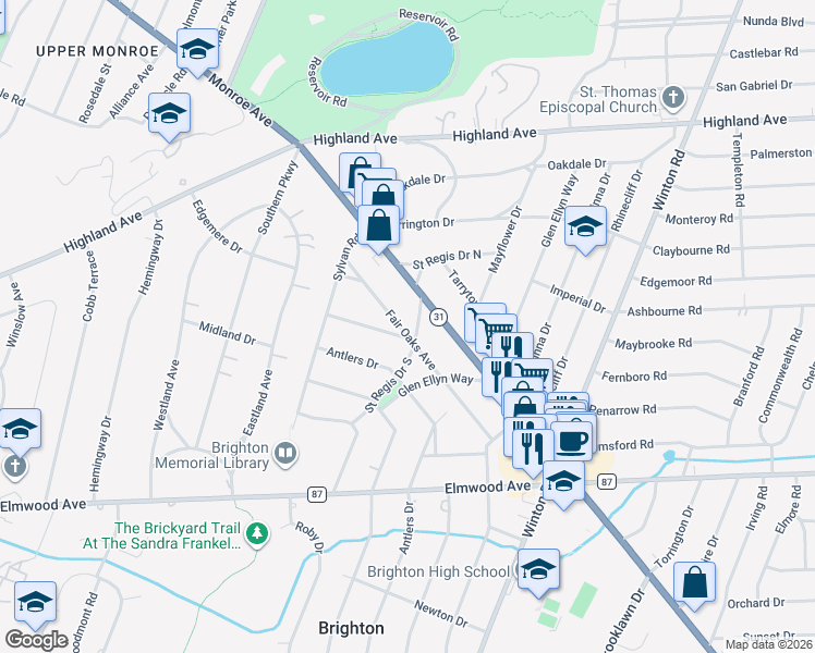 map of restaurants, bars, coffee shops, grocery stores, and more near 120 Fair Oaks Avenue in Rochester