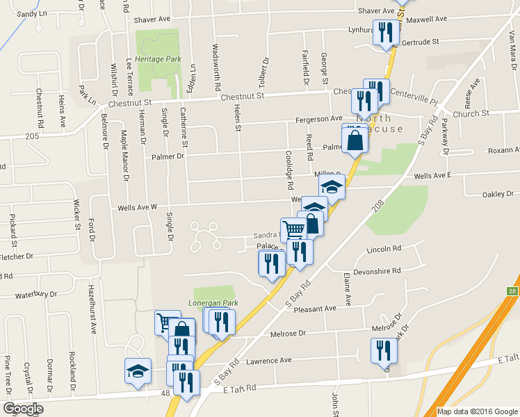 map of restaurants, bars, coffee shops, grocery stores, and more near 211 Wells Ave E in North Syracuse