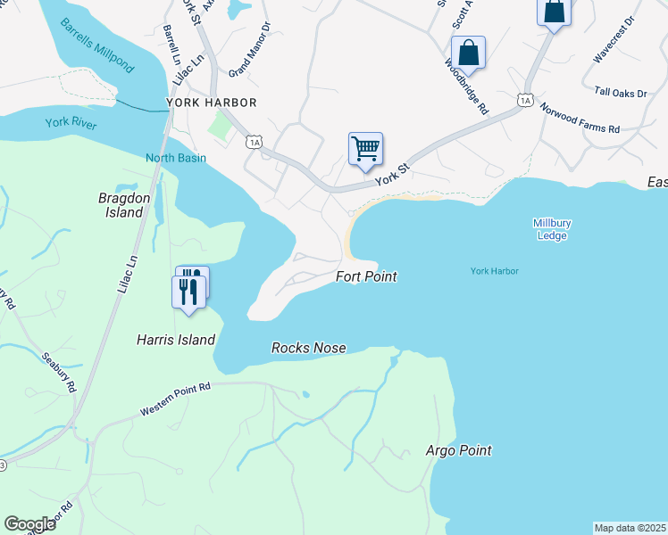 map of restaurants, bars, coffee shops, grocery stores, and more near 9 Stage Neck Road in York
