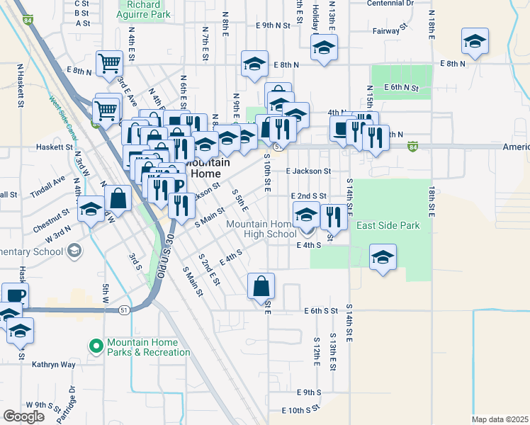 map of restaurants, bars, coffee shops, grocery stores, and more near 245 South 10th East Street in Mountain Home