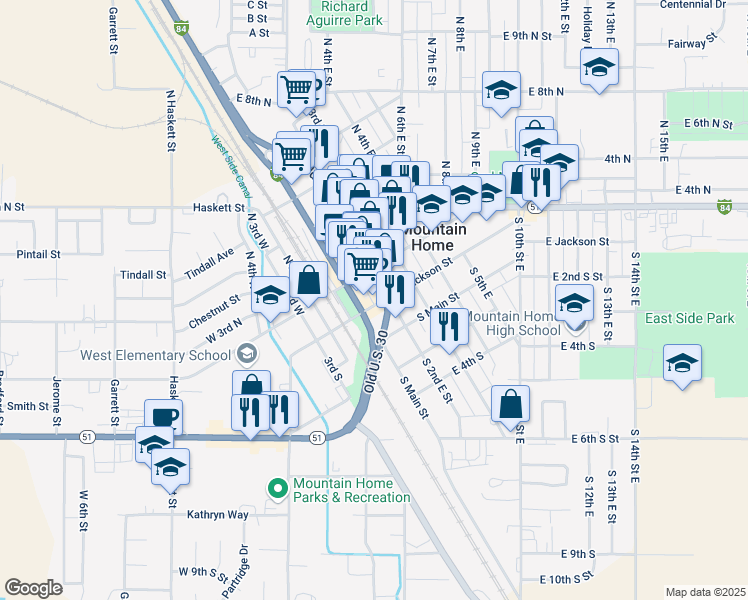 map of restaurants, bars, coffee shops, grocery stores, and more near 140 East Jackson Street in Mountain Home
