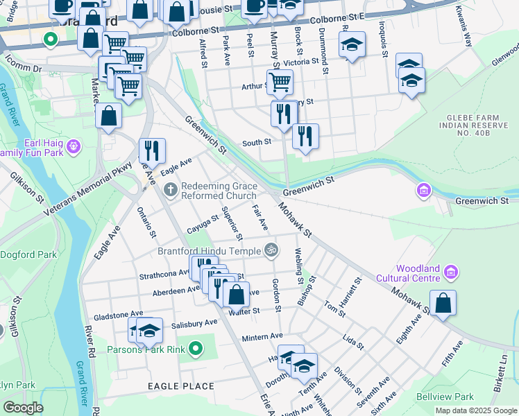 map of restaurants, bars, coffee shops, grocery stores, and more near 10 Fair Avenue in Brantford