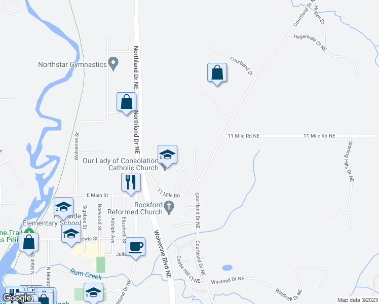map of restaurants, bars, coffee shops, grocery stores, and more near 9101 Courtland Drive Northeast in Rockford