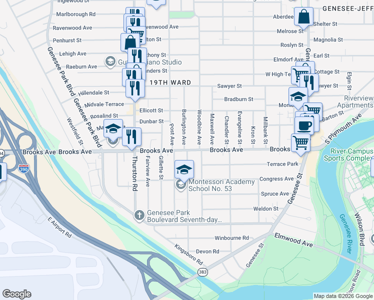 map of restaurants, bars, coffee shops, grocery stores, and more near Brooks Avenue & Virginia Avenue in Rochester
