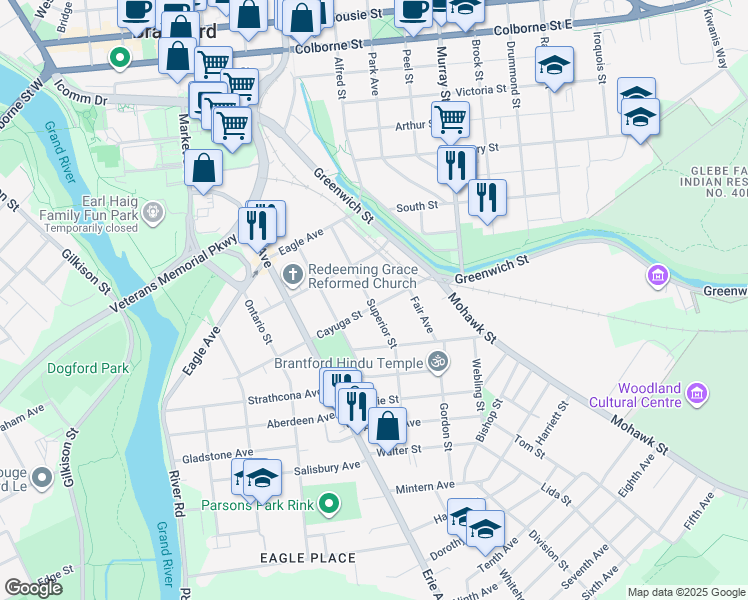 map of restaurants, bars, coffee shops, grocery stores, and more near 46 Cayuga Street in Brantford