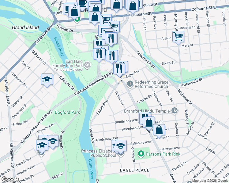 map of restaurants, bars, coffee shops, grocery stores, and more near 21 Ontario Street in Brantford