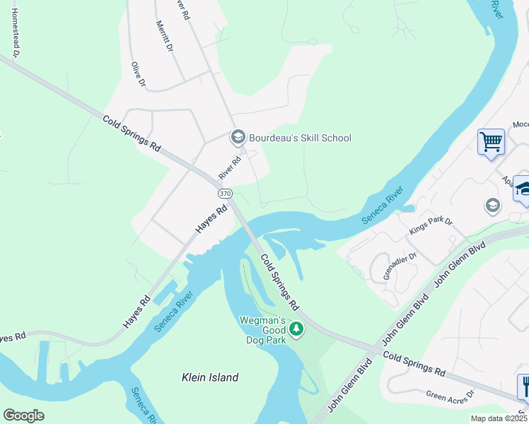 map of restaurants, bars, coffee shops, grocery stores, and more near 7439 Hillside Road in Baldwinsville