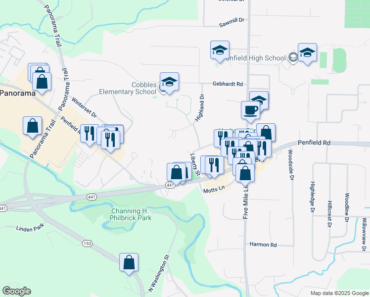 map of restaurants, bars, coffee shops, grocery stores, and more near 758 Liberty Street in Penfield