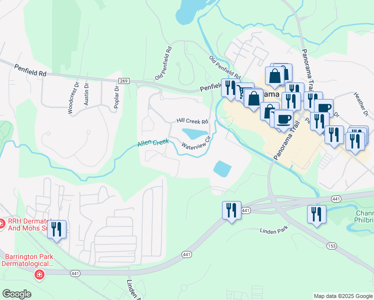 map of restaurants, bars, coffee shops, grocery stores, and more near 68 Waterview Circle in Rochester