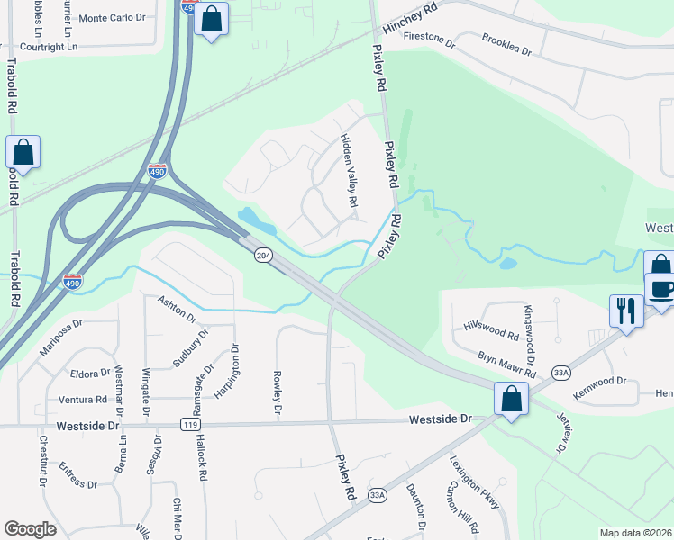 map of restaurants, bars, coffee shops, grocery stores, and more near 907 Pixley Road in Rochester