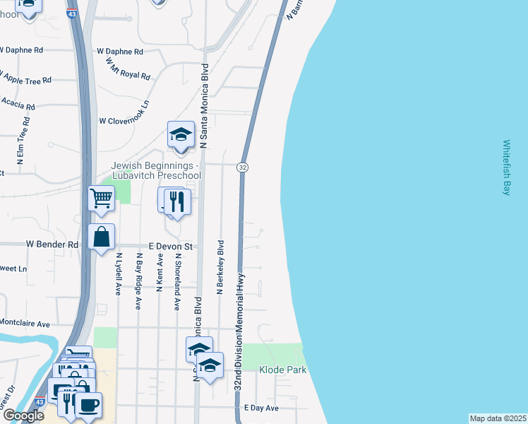 map of restaurants, bars, coffee shops, grocery stores, and more near 6260 North Lake Drive in Whitefish Bay