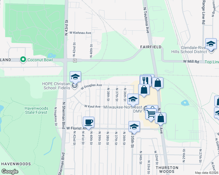 map of restaurants, bars, coffee shops, grocery stores, and more near 3809 West Douglas Avenue in Milwaukee