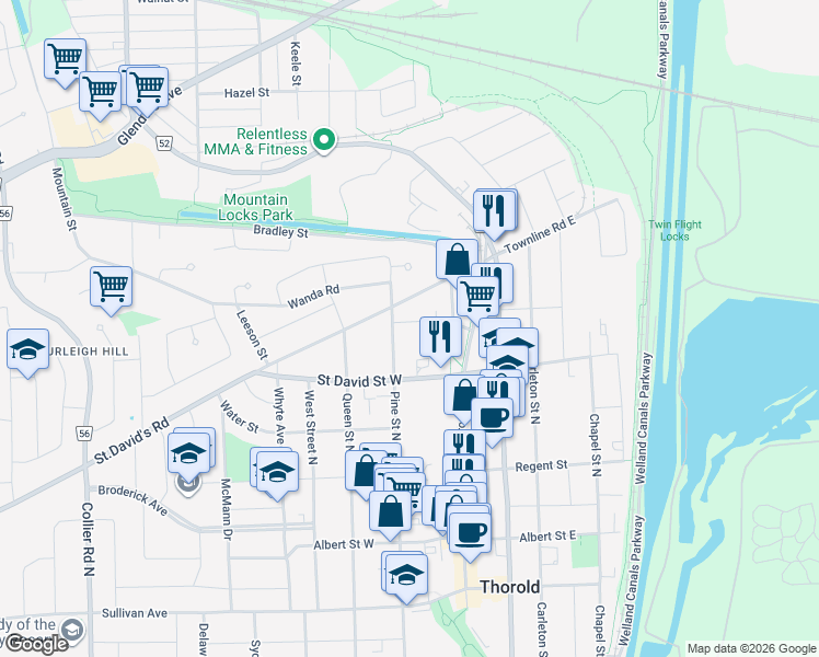 map of restaurants, bars, coffee shops, grocery stores, and more near 43 McNamara Street in Thorold