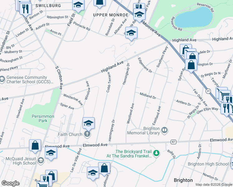 map of restaurants, bars, coffee shops, grocery stores, and more near 173 Hemingway Drive in Brighton