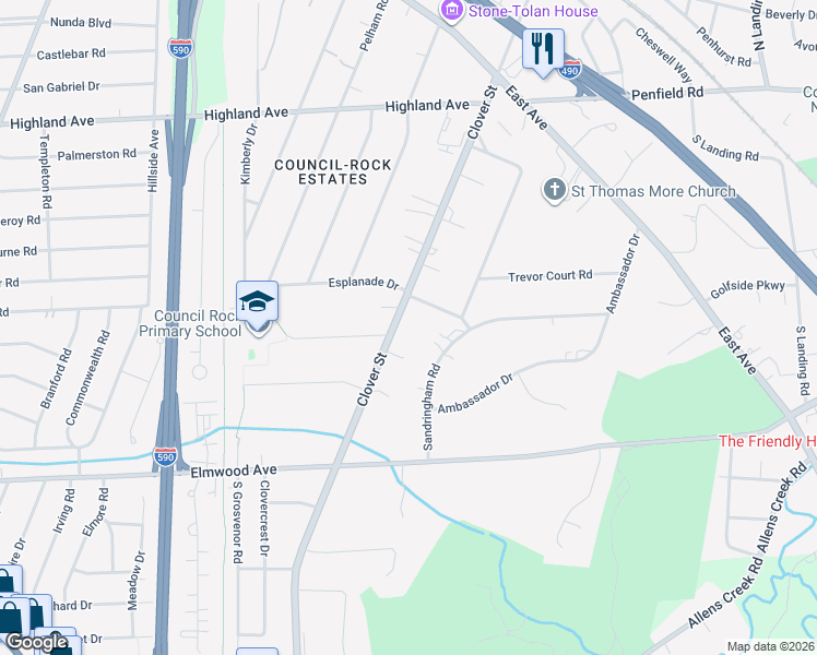 map of restaurants, bars, coffee shops, grocery stores, and more near 1392 Clover Street in Rochester