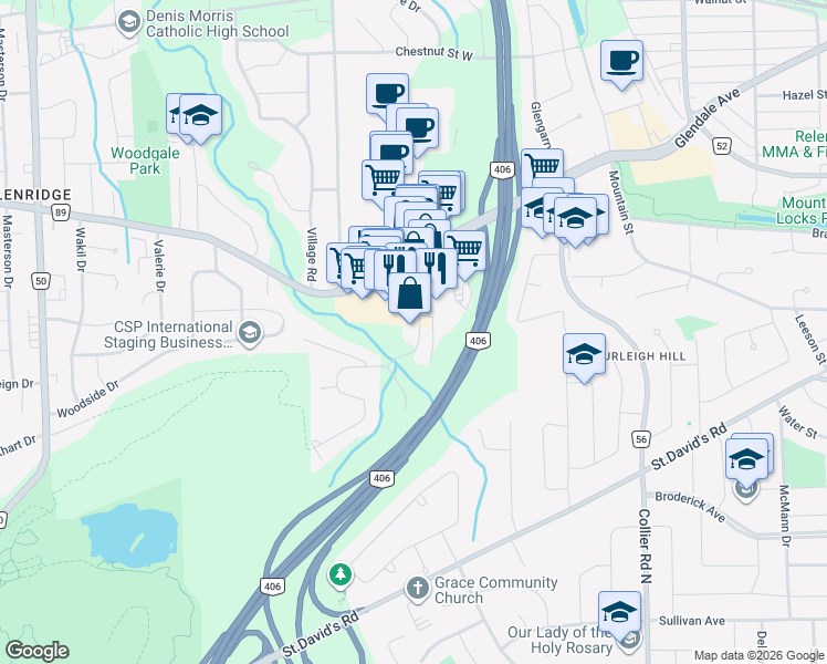 map of restaurants, bars, coffee shops, grocery stores, and more near 21 Tremont Drive in Saint Catharines