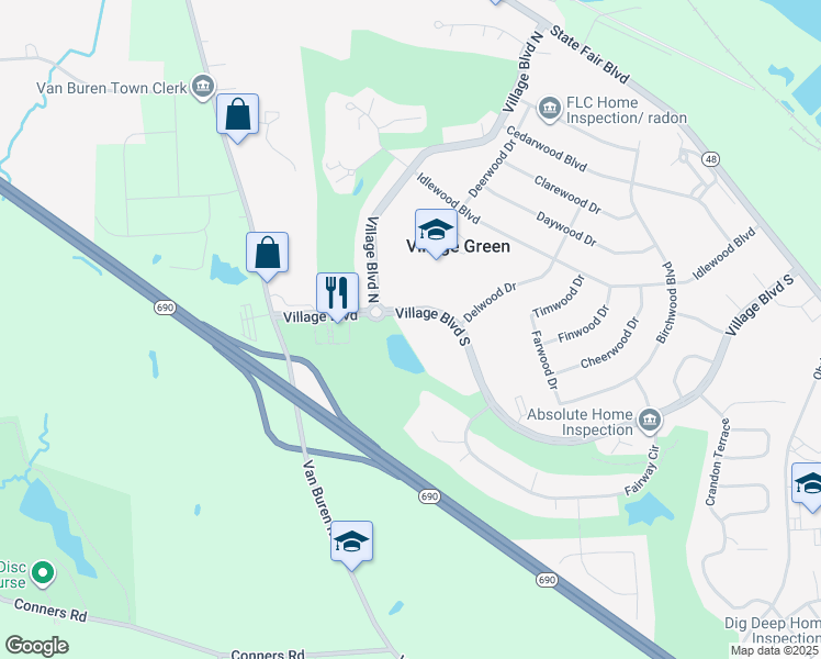 map of restaurants, bars, coffee shops, grocery stores, and more near 100 Village Boulevard South in Baldwinsville