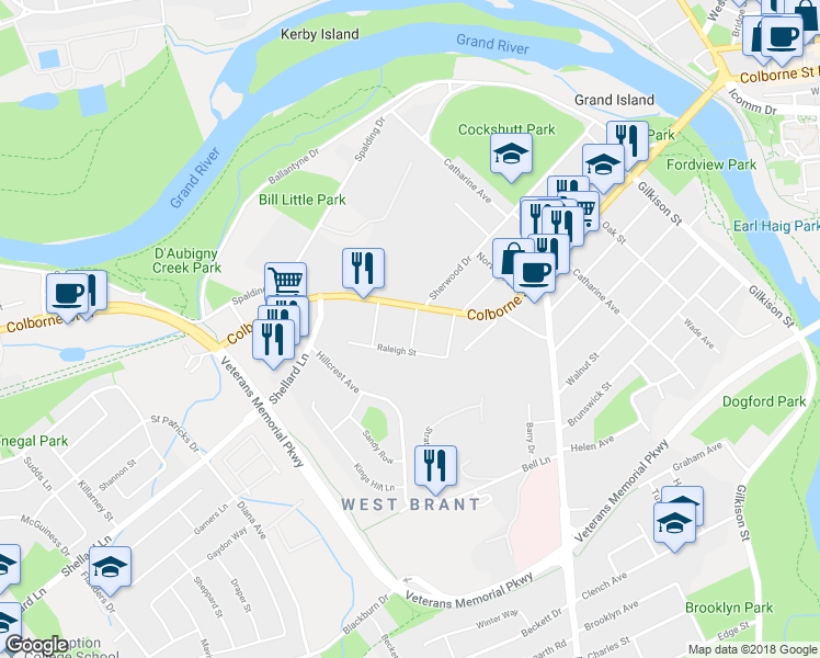 map of restaurants, bars, coffee shops, grocery stores, and more near 9 Dryden Street in Brantford