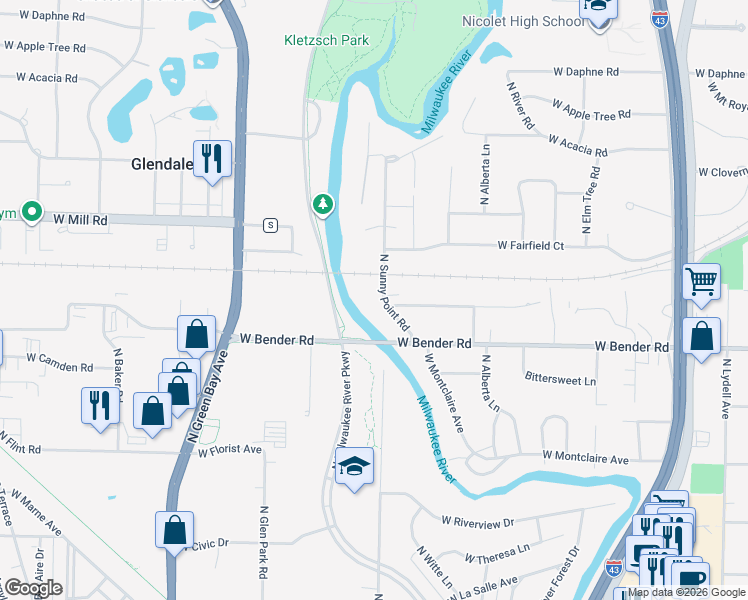 map of restaurants, bars, coffee shops, grocery stores, and more near 6265 North Sunny Point Road in Glendale