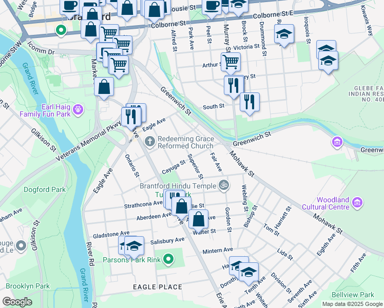 map of restaurants, bars, coffee shops, grocery stores, and more near 46 Cayuga Street in Brantford