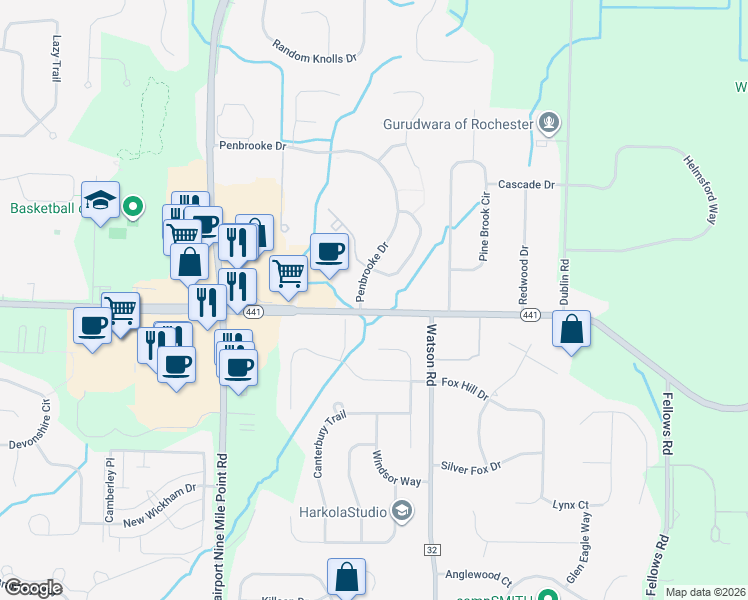 map of restaurants, bars, coffee shops, grocery stores, and more near 2254 Penfield Road in Penfield