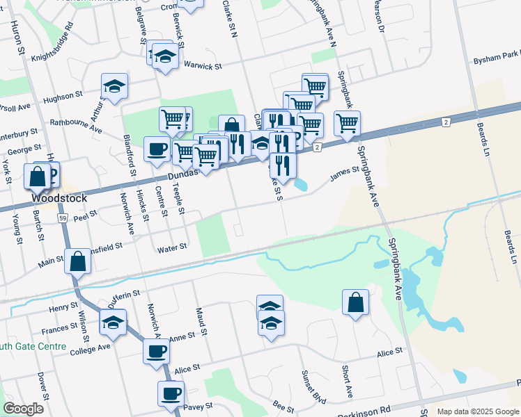 map of restaurants, bars, coffee shops, grocery stores, and more near 908 James Street in Woodstock