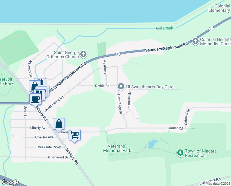 map of restaurants, bars, coffee shops, grocery stores, and more near 4830 Hermitage Street in Niagara Falls