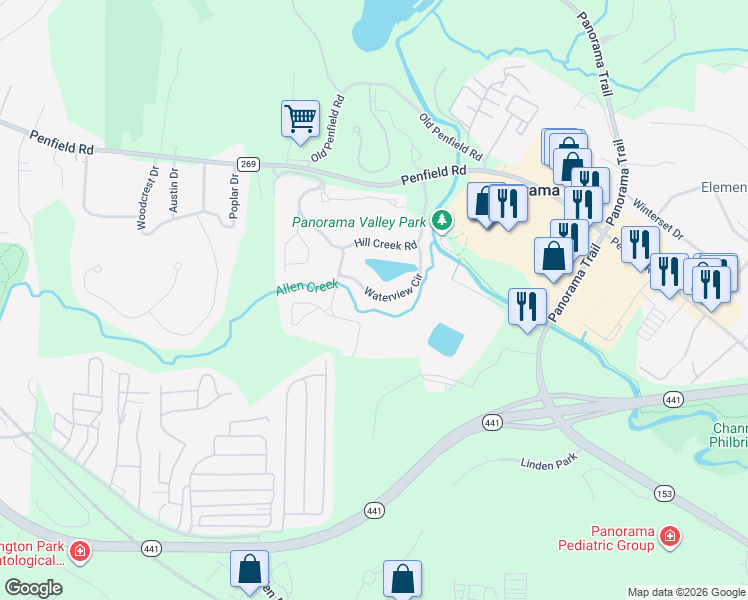 map of restaurants, bars, coffee shops, grocery stores, and more near 68 Waterview Circle in Rochester