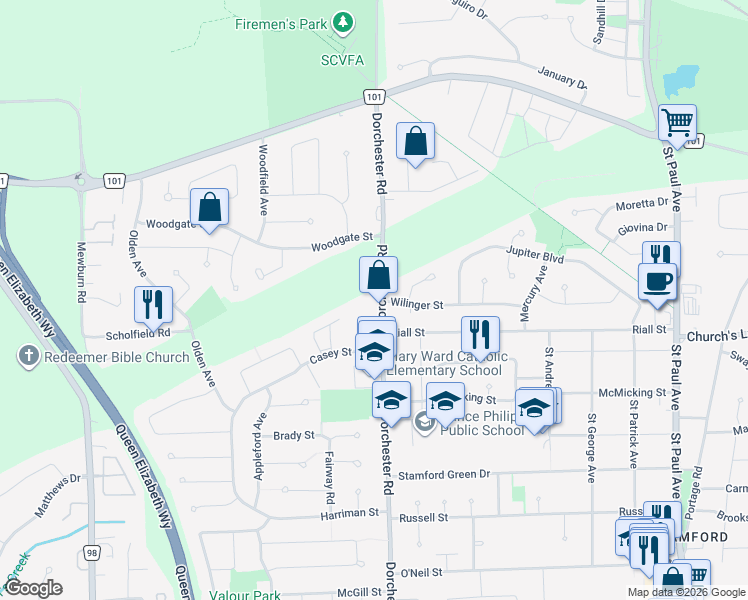 map of restaurants, bars, coffee shops, grocery stores, and more near 2853 Dorchester Road in Niagara Falls