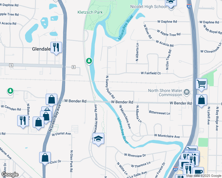 map of restaurants, bars, coffee shops, grocery stores, and more near 1226 West Glen River Road in Glendale