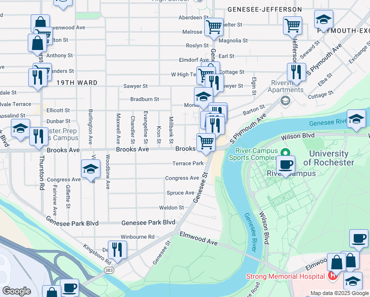 map of restaurants, bars, coffee shops, grocery stores, and more near Brooks Avenue & Paige Street in Rochester