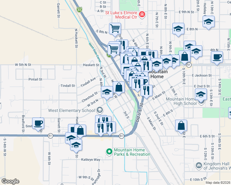 map of restaurants, bars, coffee shops, grocery stores, and more near 210 North 3rd West in Mountain Home