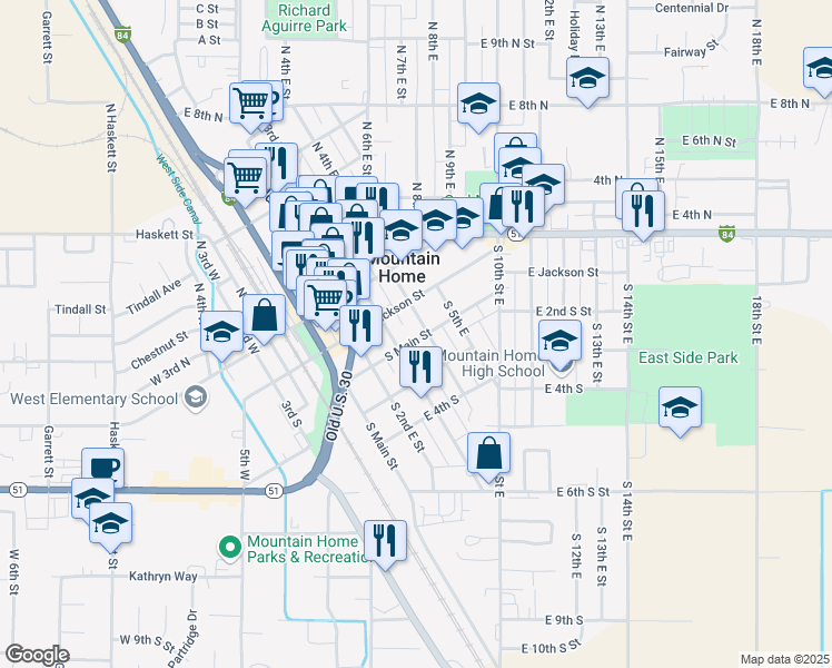 map of restaurants, bars, coffee shops, grocery stores, and more near 380 East 2nd South Street in Mountain Home