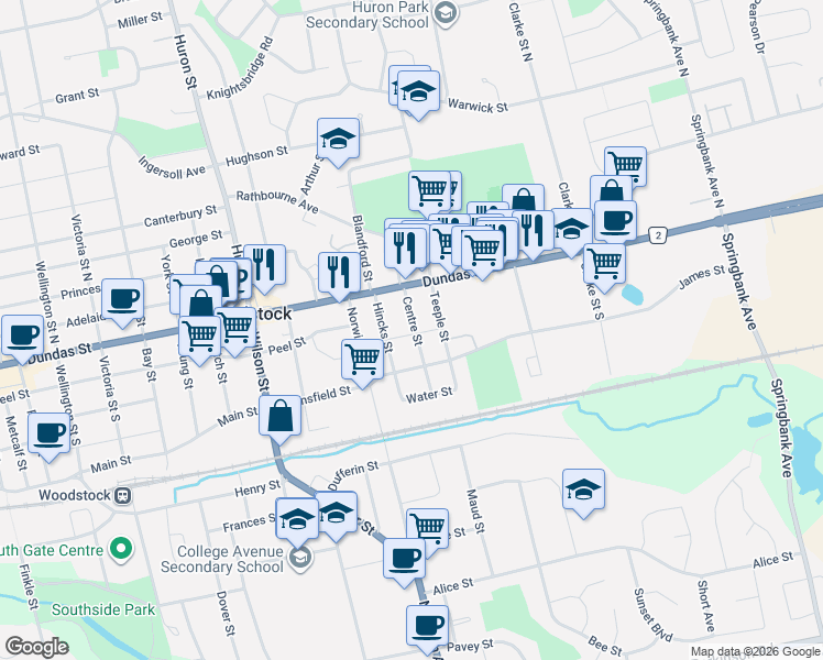 map of restaurants, bars, coffee shops, grocery stores, and more near 38 Centre Street in Woodstock