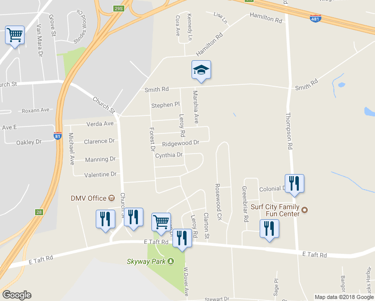 map of restaurants, bars, coffee shops, grocery stores, and more near 29 Bellewood Circle in Syracuse