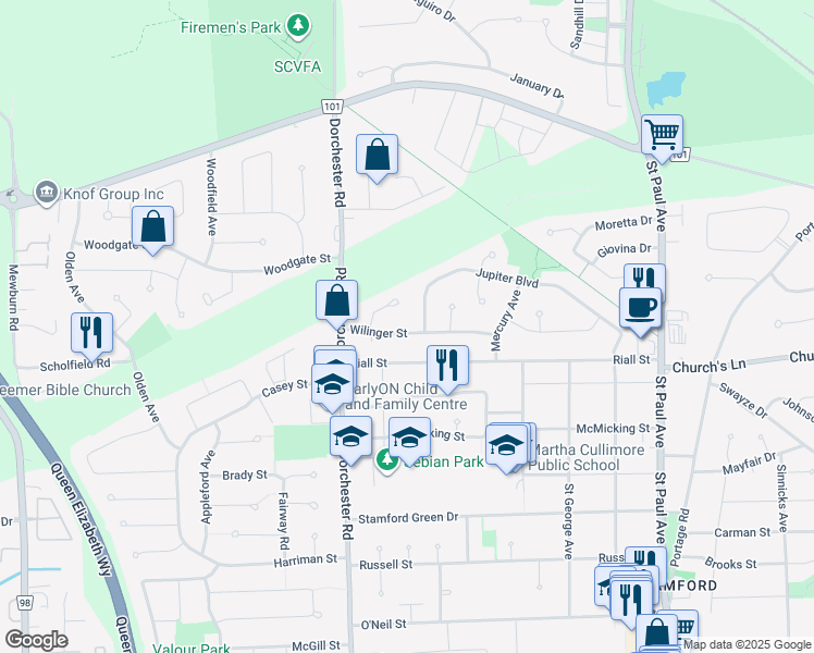 map of restaurants, bars, coffee shops, grocery stores, and more near 6753 Wilinger Street in Niagara Falls